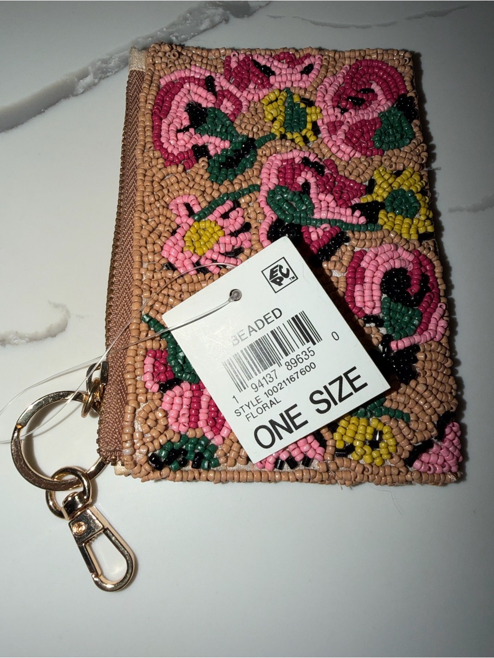 NWT On 34th Hand Beaded Floral Zip Pouch with Keychain - Picture 3 of 6